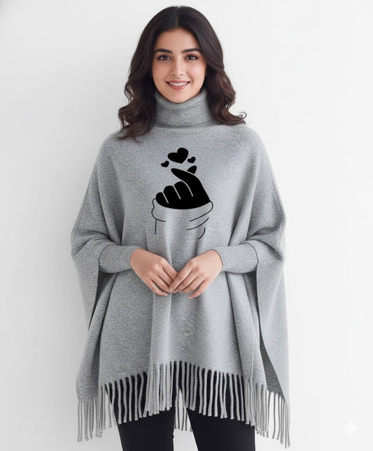 Finger Heart Printed winter ponchun for women