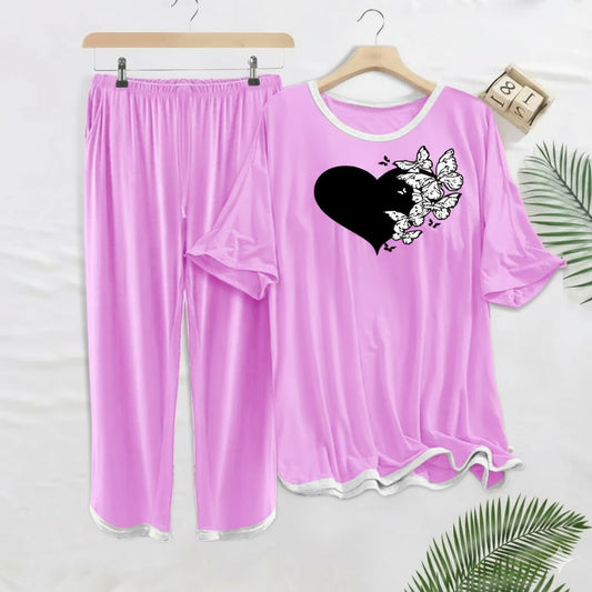 Women's Pajama Set with Heart and Butterflies Print