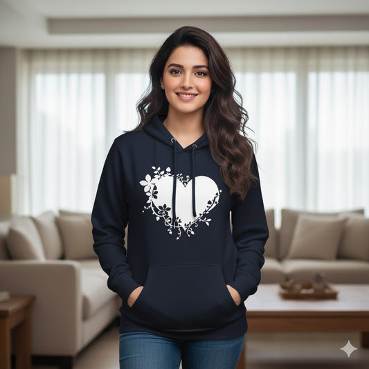 Women's Heart Printed Hoodie with Kangaroo Pocket