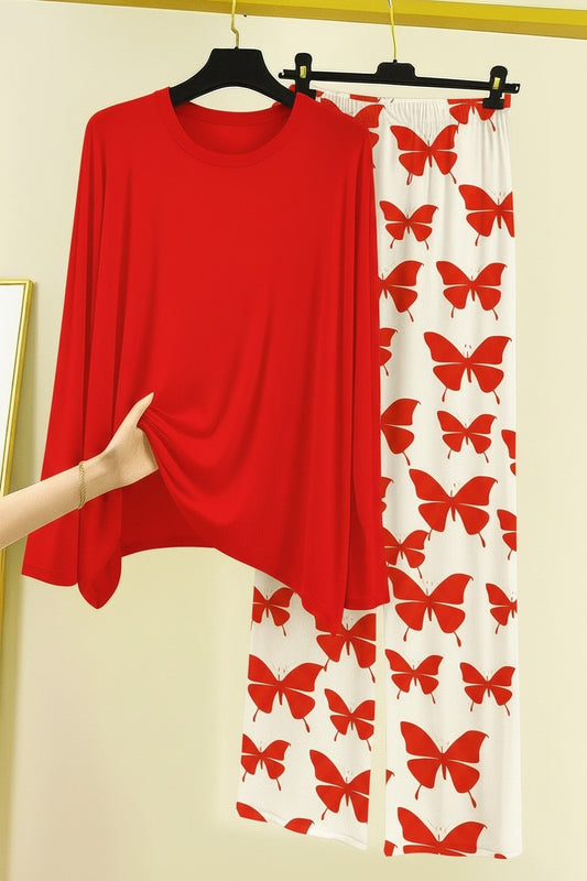 Red Women sycal Printed Nightwear Set with Butterfly Printed Trousers – Women's Lounge Wear