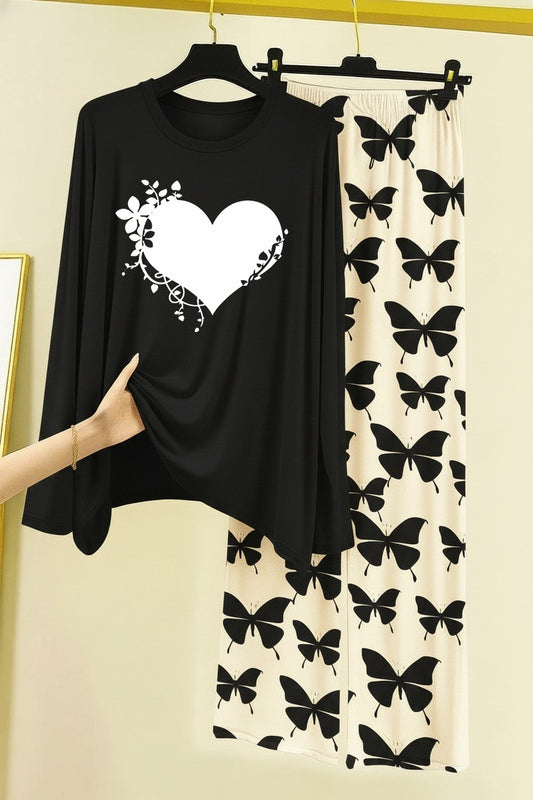 Black Women Heart Printed Nightwear Set with Butterfly Printed Trousers – Women's Lounge Wear