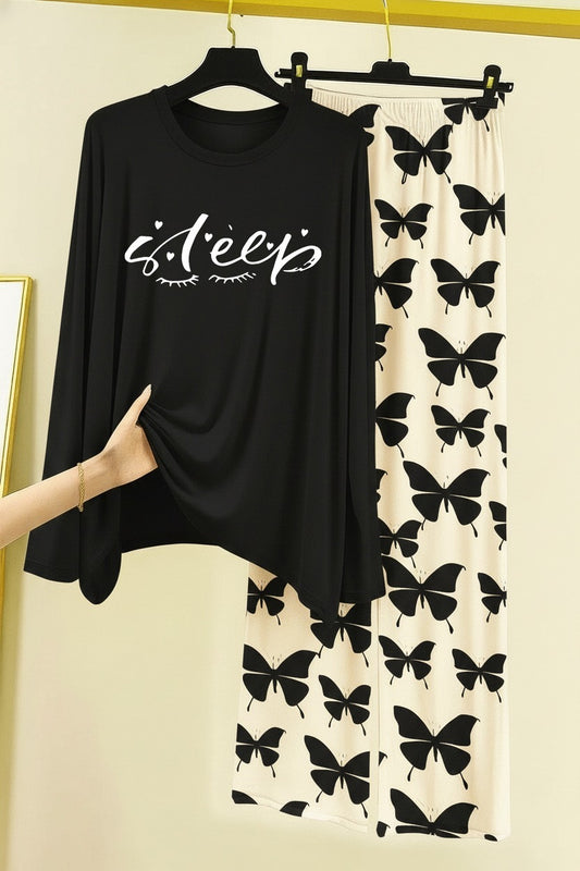 Sleep Printed Nightwear Set with Butterfly Printed Trousers