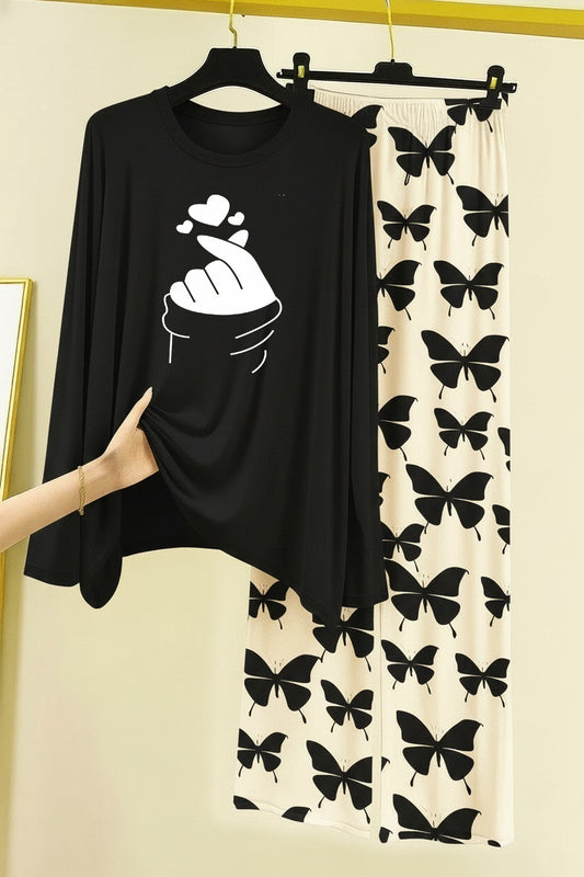 hand hart Printed Nightwear Set with Butterfly Printed Trousers – Women's