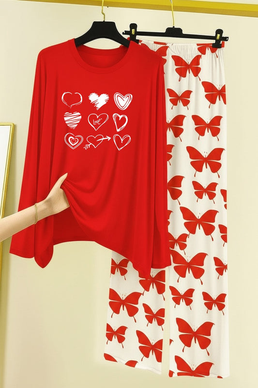 9 Heart Printed Nightwear Set with Butterfly Printed Trousers – Women's