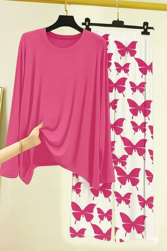 Plain Nightwear Set with Butterfly Printed Trousers