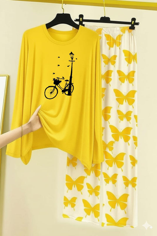 YALLOW Women sycal Printed Nightwear Set with Butterfly Printed Trousers – Women's Lounge Wear