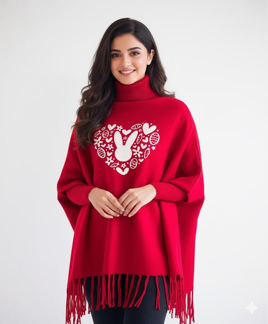 Heart Printed winter ponchun for women