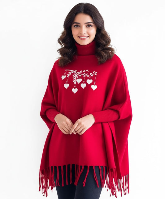 Hanging Hearts Printed winter ponchun for women