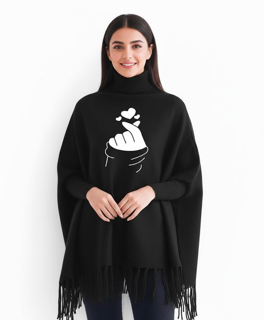 Finger Heart Printed winter ponchun for women
