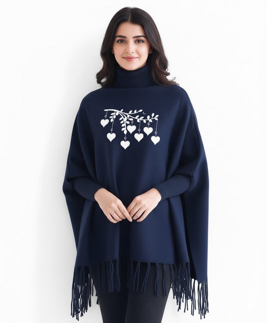 Hanging Hearts Printed winter ponchun for women