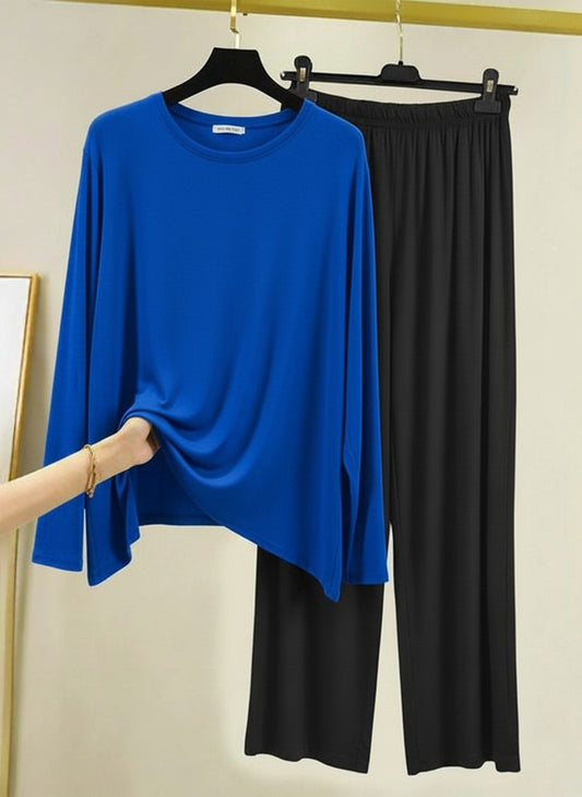 Women's Comfy Two-Piece Lounge Set: Blue Long Sleeve Top & Black Wide Leg Pants