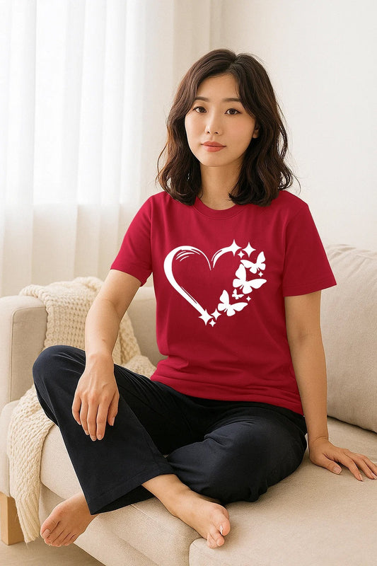 Chic Red Heart with Butterfly Graphic T-Shirt - Feminine & Stylish Top