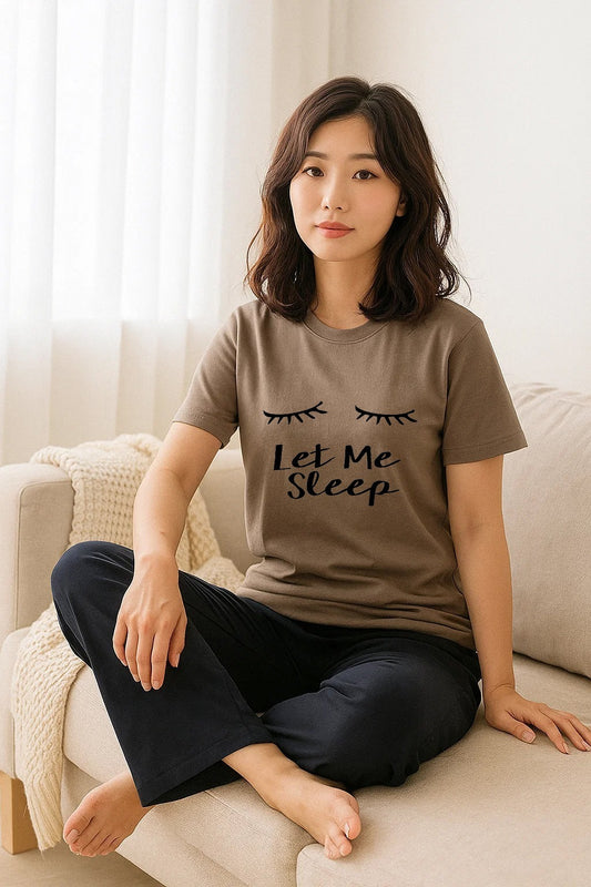Funny "Let Me Sleep" Graphic T-Shirt with Eyelash Print - Casual/Lounge Wear