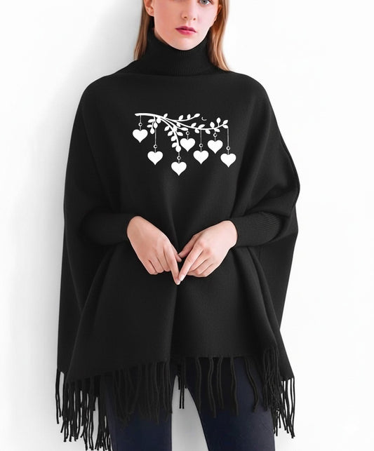 Tree Hanging Hearts Printed winter ponchun for women