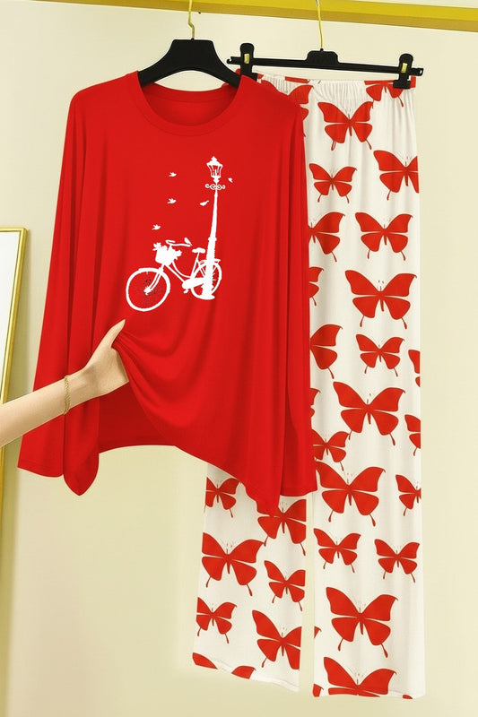 Red Women sycal Printed Nightwear Set with Butterfly Printed Trousers – Women's Lounge Wear