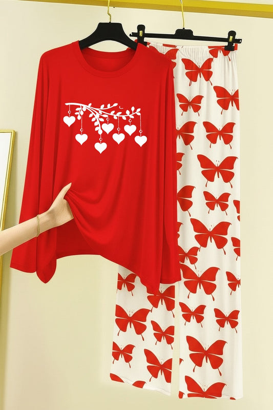 Black Women 7 treet Heart Printed Nightwear Set with Butterfly Printed Trousers – Women's Lounge Wear