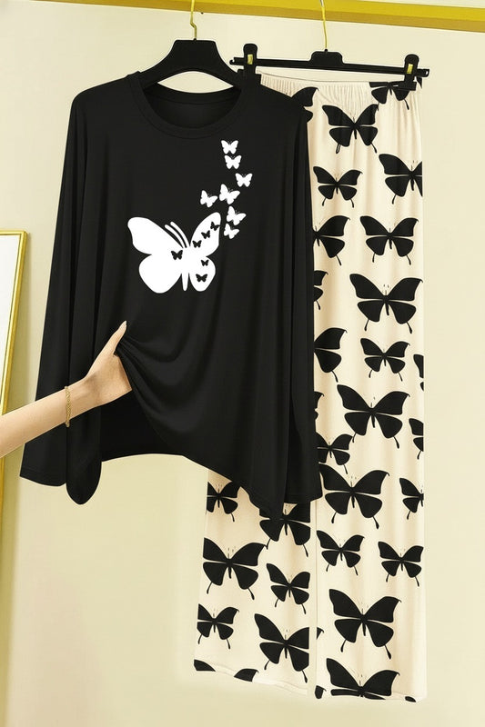 Black Flying Butterfly  Printed Nightwear Set with Butterfly Printed Trousers – Women's Lounge Wear
