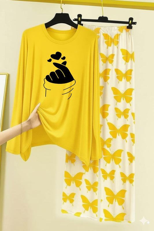 Finger Heart Printed Nightwear Set with Butterfly Printed Trousers
