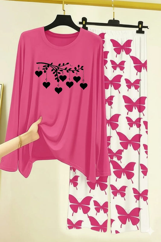 Hanging Hearts Printed Nightwear Set with Butterfly Printed Trousers