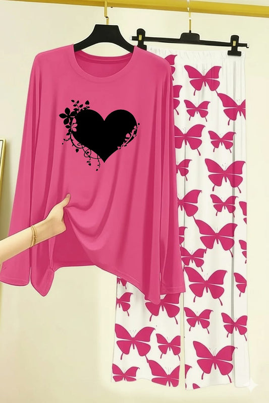 PINK Women sycal Printed Nightwear Set with Butterfly Printed Trousers – Women's Lounge Wear
